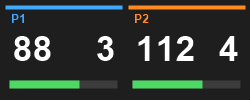 Two speedometers side by side, showing speed and gear for player 1 and player 2