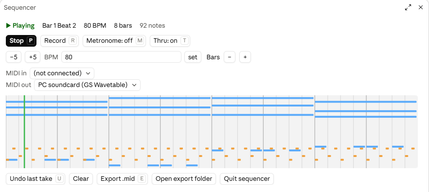 The MIDI Sequencer window, playing an eight-bar loop with record, metronome and export controls